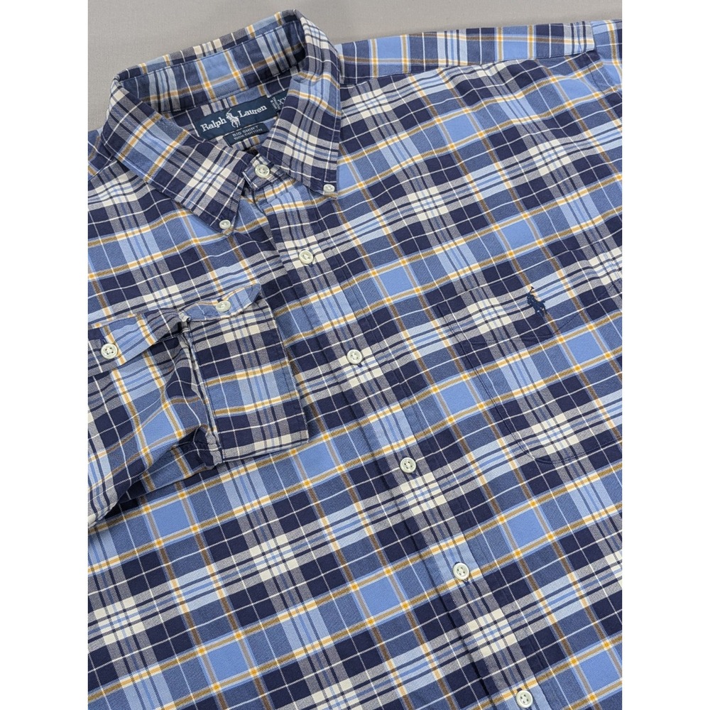 Ralph Lauren Shirt Mens XXL Blue Plaid Big Shirt Cotton Button Down 90s Vintage